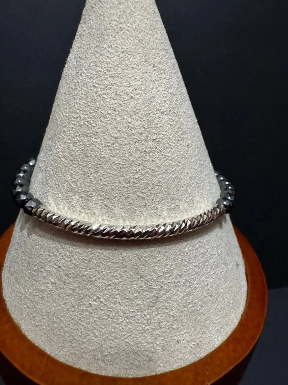 Slide Style Adjustable Bracelet, Faceted Hematite, Fine Silver Plated